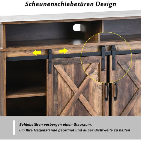 Meuble TV bas 148x40x78 cm, buffet avec 2 portes coulissantes classiques, étagères réglables, centre de divertissement style ferme pour salon et salle à manger. (1/5)