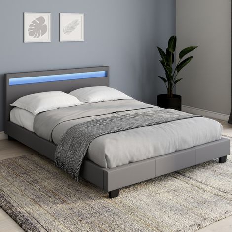 Cama doble NEO 140 x 190 CM PVC gris con somier y LED integrados (1/5)