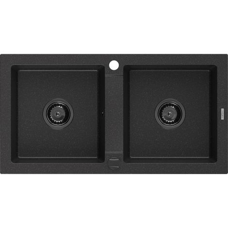 Mexen Mario évier en granit à 2 cuves 820 x 436 mm, Noir/ Argent métallique, siphon Noir - 6504822000-73-B (1/5)