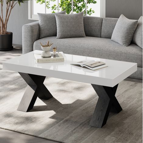 Table basse 100x50x40 cm blanc et noir, plateau brillant, pieds en X, MDF, MEUBLIV (1/5)