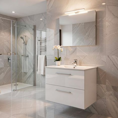 Mobile Mobiletto Bagno Sospeso Con 2 Cassettoni Soft Close Lavabo in Ceramica Monoforo Con Troppopieno E Specchio Con Led Da 30 Cm Design Moderno 80 x 45 x 57 Cm Colore Bianco - Set: Mobile Lavabo e S (1/5)