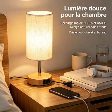 Lampe de chevet en bois et lin avec variateur tactile 3 niveaux, ports USB-A et USB-C, ampoule tactile incluse, hauteur 39 cm largeur 12 cm - Beige (1/5)