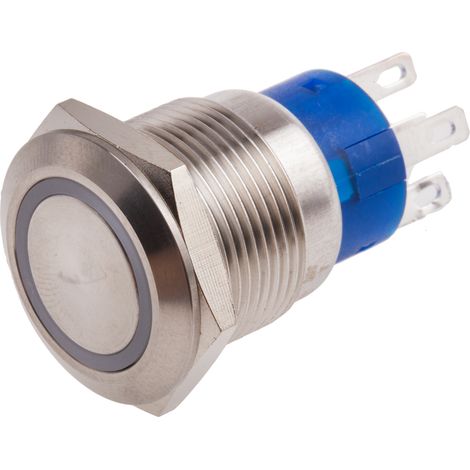 Bouton-poussoir, Momentané lumineux, LED Jaune, Unipolaire à deux directions (1RT), 5 A, Argent, Montage panneau 24V ( Prix pour 1 ) (1/2)