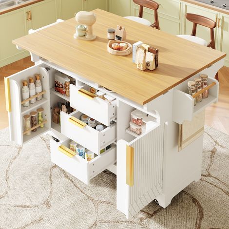 Îlot de cuisine extensible 120-197cm,Table à manger avec 3 tiroirs et étagères réglables,buffet,Table de bar sur roulettes,poignées en métal,Blanc (1/5)