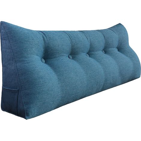 Coussin de lecture triangulaire 160cm – Oreiller de soutien dorsal en lin bleu – Confort optimal pour lecture et repos – Housse lavable – Vercart (1/5)