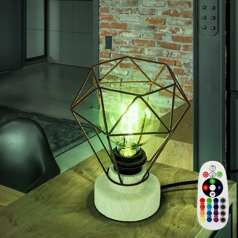 Lampada da tavolo soggiorno lampada in legno lampada da tavolo camera da letto lampada gabbia legno E27, telecomando dimmerabile, metallo ruggine, 1x LED RGB 9W 806Lm, PxH 19x22,5 cm (1/5)