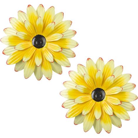 Décoration murale en métal : Lot de 2 tournesols décoratifs faits main de 20 cm - Jaune - Décoration murale extérieure à suspendre pour jardin, terrasse, porche, style champêtre (1/5)