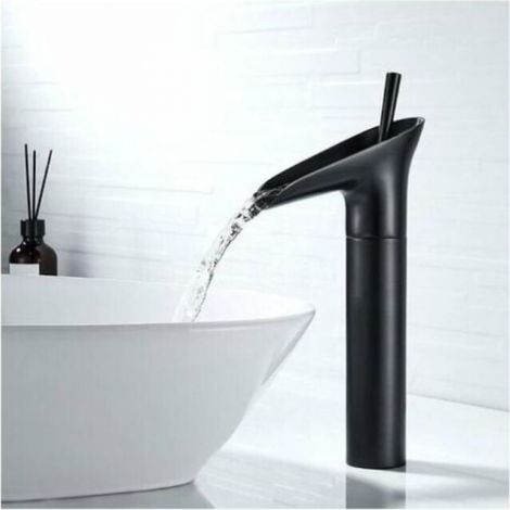 BEBUSINGOTO Grifo de baño negro, grifo cascada, grifo vintage monomando para lavabo, grifo de baño de encimera de latón - Grifo para lavabo de sobremesa (1/5)