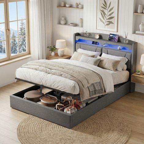Letto Contenitore 140x200 con Rete, Letto Matrimoniale Imbottito con Illuminazione LED e Porte USB/Type-C, Testiera con Vano Nascosto ed Mensola, Design Scandinavo Moderno(140x200cm, Grigio)