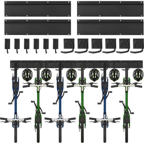 Support mural pour vélos, support mural pour 6 vélos, 6 casques, crochet de rangement pour outils pour garage ou maison, crochet vertical pour vélos (largeur intérieure : 90 mm) – 4 rails (1/5)