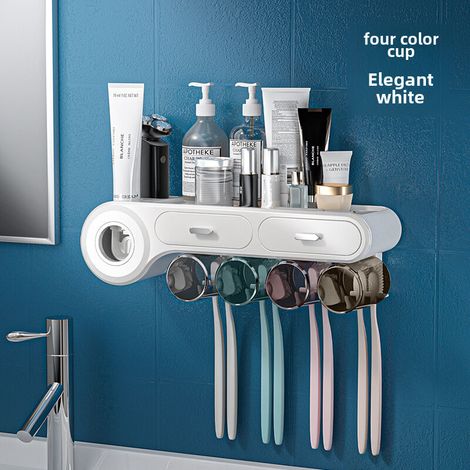 Porte-brosses à dents mural blanc sans perçage, pour quatre personnes, avec presse-tube de dentifrice et gobelet pour gargarisme, rangement multifonctionnel pour salle de bain (1/5)