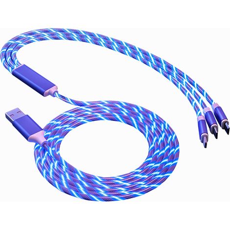 Câble lumineux métallique 3 fils, charge rapide, compatible Apple/Android Type-C (bleu)