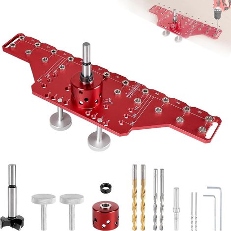 Gabarit de perçage aligné 2-en-1 pour chevilles d'étagère et charnières 35mm Gabarit en aluminium avec forets 5mm et 1/4 pouce, outil parfait pour le bricolage et la menuiserie (Modèle Long)