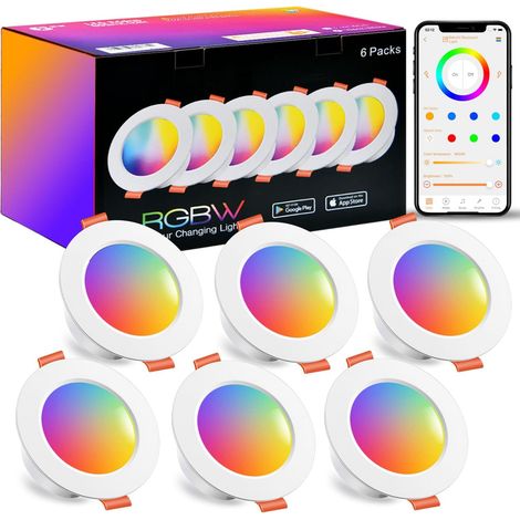 Spot LED Encastrable RGB Bluetooth, Ф68-85mm Couleur Spot Encastré Minuterie Via APP,IP44 2700-6000K Spot LED Encastrable (Lot De 6) (1/5)