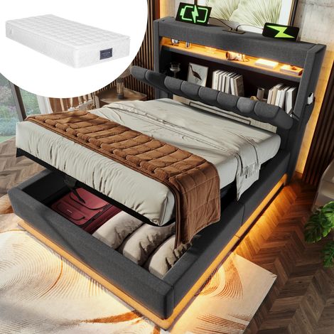 Lit simple rembourré 90x200cm, tête de lit avec rangement, ports USB et Type-C, éclairage LED en tête et en pied de lit, avec rangement hydraulique, gris, lin, avec matelas., garantie 2 ans (1/5)