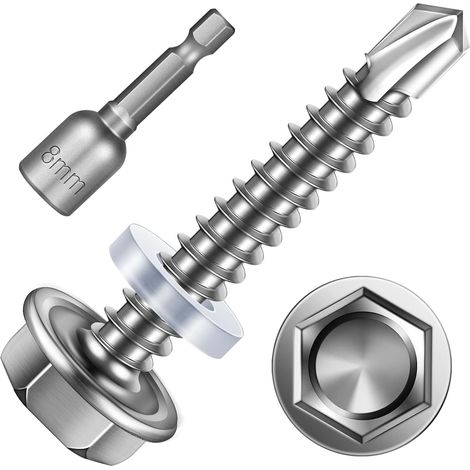 Lot de 25 vis à tôle en acier inoxydable - 4,8 x 32 mm - Vis autotaraudeuses à tête hexagonale - Vis à tôle trapézoïdale avec rondelle d'étanchéité et clé à douille hexagonale (1/5)