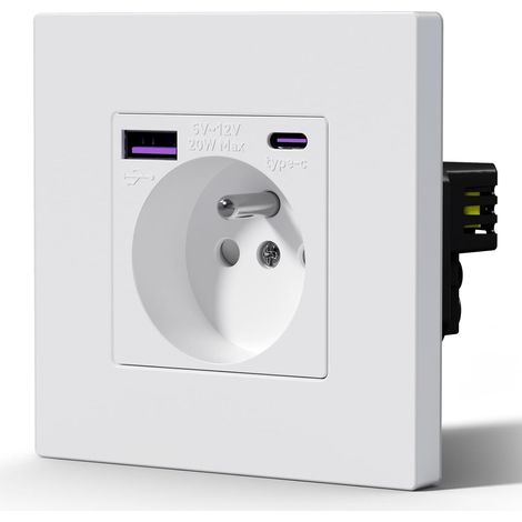 Prise Electrique avec USB et Type C, 20W Charge rapide, Prise Murale avec Panneau En Plastique, Alternatif Norme Française 16 Amp 240V 86mm Blanc (1/5)