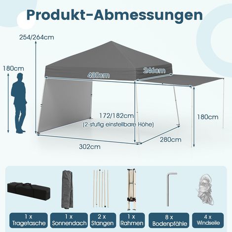 Pop up pavillonzelt 430 x 280 cm umbaubare seitenwande grau