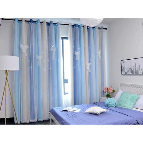 rideaux (environ 200 cm) longs, occultants, anneaux, 2 couches, 1 pièce bleu beige, largeur 1,5 hauteur 2,0, 1 pièce de nœud papillon (1/5)