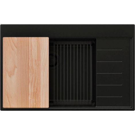 PRIMAGRAN Evier Cuisine en Granit 78x50cm,Lavabo 1 bac + Kit de Vidage + Accessoires, Évier à Encastrer au meuble 60cm - Sydney, Tout Noir