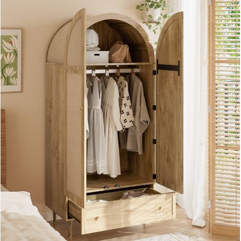 Armoire avec tiroirs et portes effet lin 79x50x175 cm, chêne, panneaux de bois MDF, FloraGrace (1/5)