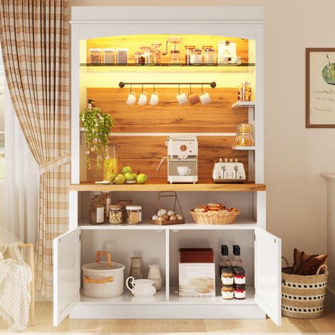 Armoire haute avec éclairage LED et étagère en verre, buffet de 184 cm de haut avec barre de suspension, blanc, capacité de charge jusqu'à 60 kg (1/5)