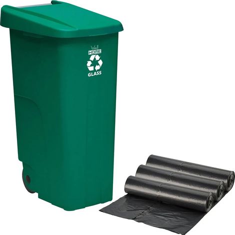Wellhome Container Recyclo 110 litri, chiuso con coperchio, ideale per il riciclaggio del vetro, con ruote + sacchetti di immondizia a 10 unità 3x