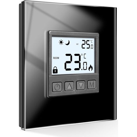 [PRODUIT RECONDITIONNE] CNBINGO Thermostat d'Ambiance Numérique Encastré pour Chauffage au Sol et Chauffe-eau, Cadre en Verre Noir