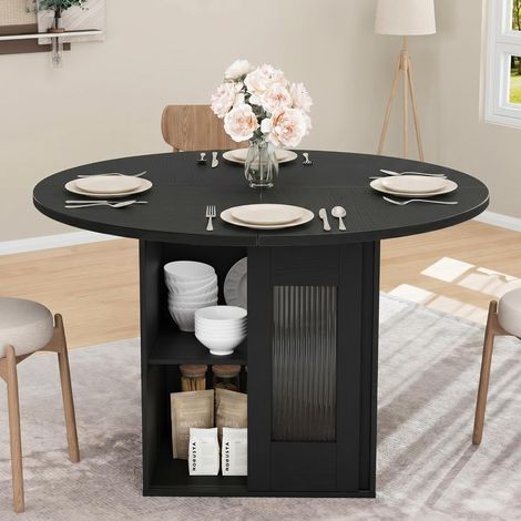 BALOVEBY - Table à Manger Ronde120cm avec Rangement Coulissant & Étagère 2 Niveaux, Style Fermier Bois, Pour 4 à 6 Personnes, Noir (1/5)