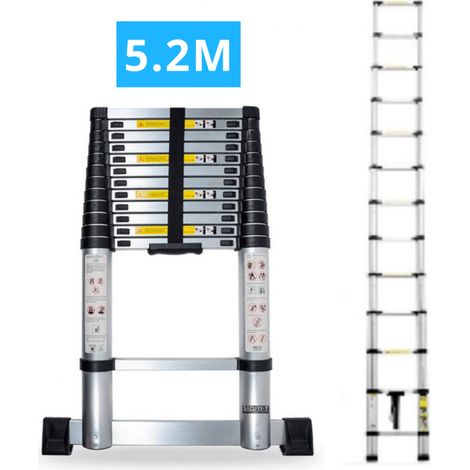 Secury-T – Échelle télescopique aluminium 13 marches H 5,2 m – Charge maximale 150 kg – Barre stabilisatrice et embouts antidérapants