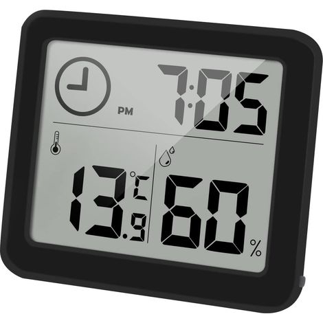 Thermomètre hygromètre intérieur noir grand écran LCD 3,2 pouces avec horloge, indicateur de température et humidité, appareil de mesure pour chambre, salon, bureau et maison (1/5)