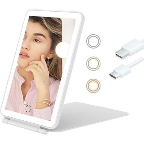 Miroir de maquillage portable rechargeable par USB avec intensité lumineuse réglable et 3 couleurs d'éclairage (blanc) (1/2)