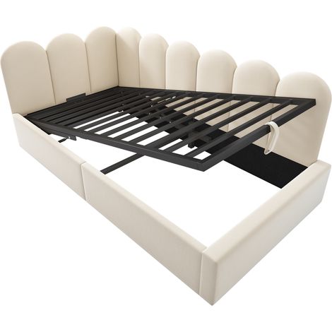Cama banco 90 x 190 cm en terciopelo beige con almacenaje hidráulico y somier metálico (1/5)