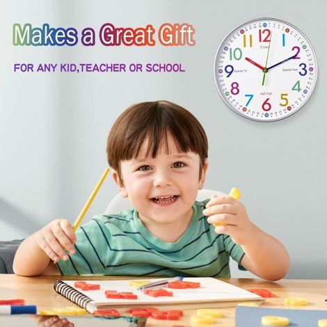 Horloge Murale Éducative Enfant 25cm - Horloge Analogique avec Cadre Bois pour Apprentissage de l'Heure Silencieuse en Chambre et Salle de Classe (1/4)
