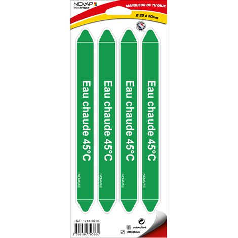 Planche de 4 marqueurs de tuyauterie 250 x 26 mm pour Ø 20 à 50 mm - Eau chaude 45°C - 4703664