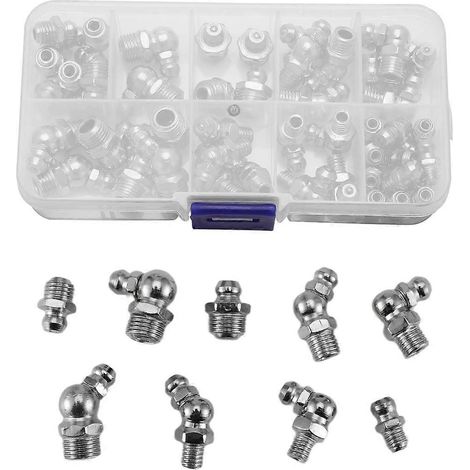 Kit de 60 graisseurs métriques, assortiment de graisseurs hydrauliques coudés M6, M8, M10 et 45° à 90° pour surfaces coudées (1/5)