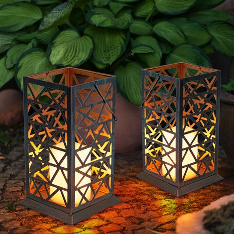 Solarlaterne Feuereffekt LED Kerze Solarleuchte Solarlampe Außenleuchte, Metall rost grün, LxBxH 14x14x37 cm, 2er Set