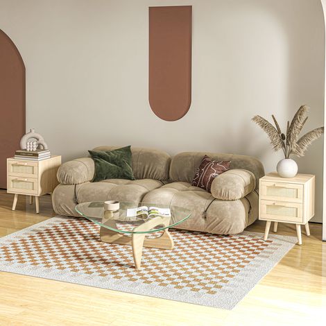 Set di 2 comodini/tavolini laterali con 2 cassetti, frontali effetto rattan, stile bohémien, 40 x 40 x 56 cm, naturale