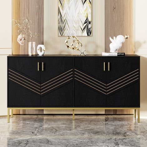 Buffet et enfilade-Moderne 4 portes noir et or-MDF avec pieds métal-Étagères réglables-Grande capacité-160x40x80,5cm (1/5)