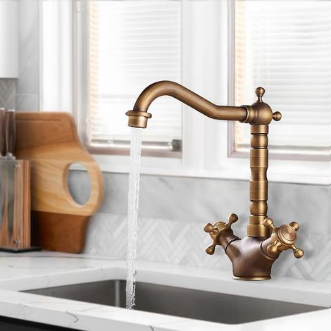 Robinet Cuisine Laiton Antique Rotatif 360° Mitigeur Évier Double Poignée Rétro Brossé Eau Chaude Froide (1/5)