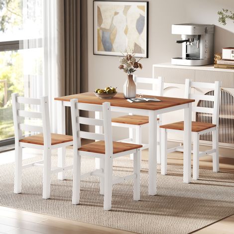 Ensemble de salle à manger, table, 4 chaises, ensemble de salle à manger, bois de pin, marron et blanc