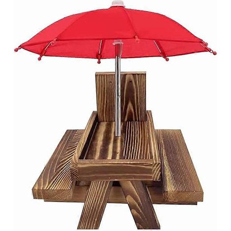 Table de pique-nique avec mangeoire à écureuils et parasol, mangeoires en bois pour l'extérieur, mangeoire à tamias mignonne + structure solide A (1/5)