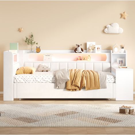 Lit gigogne 90x200 cm MDF blanc avec bureau, gain de place, sans matelas – MEUBLIV (1/5)