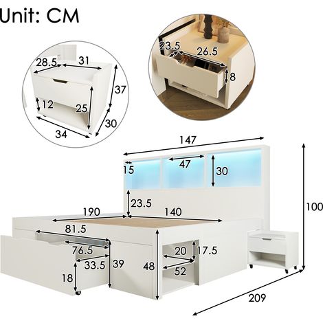 Lit blanc (140x190 cm) avec espace de rangement et 2 tables de chevet mobiles, lit double fonctionnel en bois avec éclairage LED et fonction de chargement USB Type-C, cadre de lit avec tiroir et étagè (1/5)