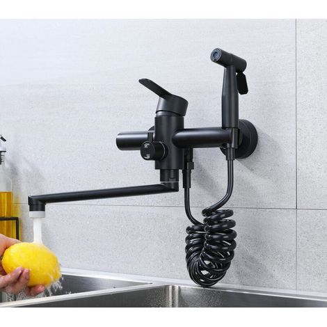 Robinet de cuisine mural avec pistolet pulvérisateur, pivotant à 360°, flexible pivotant de 23 cm, eau chaude et froide, 4 modes de fonctionnement, acier inoxydable 304, noir
