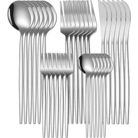 Service de table 30 pièces - Service de table 6 personnes - Service de table - Ensemble couteau, fourchette et cuillère - Service de couverts à steak - Vaisselle - Argent - Acier inoxydable