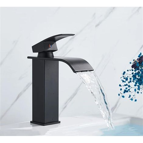 Schwarzer Aufsatzwaschtisch-Wasserfallarmatur, Warm- und Kaltwasserarmatur, verchromte Spültisch-Mischbatterie (1/5)