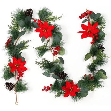 Guirlande de baies de Noël - Décoration de fête - 170 cm - Houx artificiel - Pommes de pin - Intérieur (1/4)