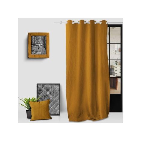 Homemaison – Rideau occultant en microfibre lavée 135x250 cm – 8 oeillets inox anti-rouilles – Entretien facile – Couleur moutarde