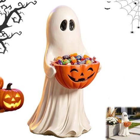 Statue de fantôme en résine de 35 cm avec bol à bonbons citrouille, porte-bonbons fantôme amusant, figurine de fantôme pour Halloween, idéale pour porche, jardin, terrasse, cheminée ou fenêtre.